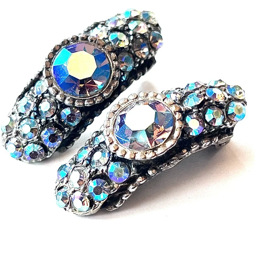 Dazzling Vintage Rhinestone Ear Clips Aurora Borealis Shimmer Statement Earrings